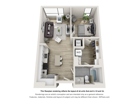 Floor plan for 1 bed, 1 bath, 664 sqft
